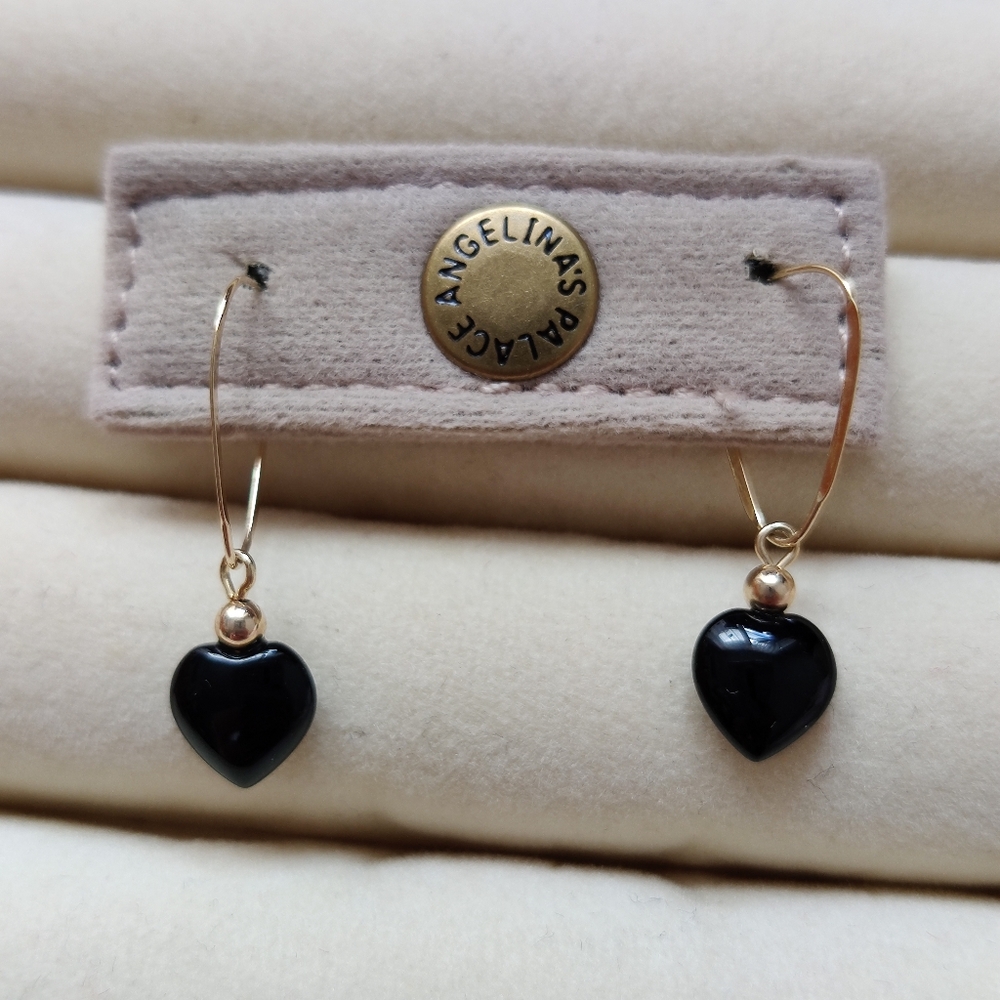14K Yellow Gold Onyx Heart Dangle Earrings